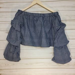 Navy Blue and White Off shoulder Gingham Top